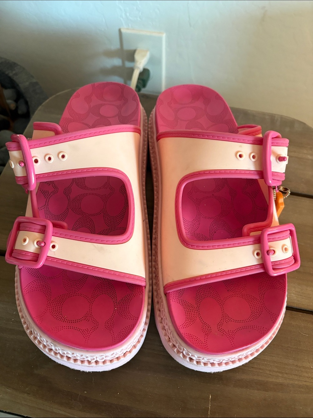 Womens Pink Buckle Slide Sandals